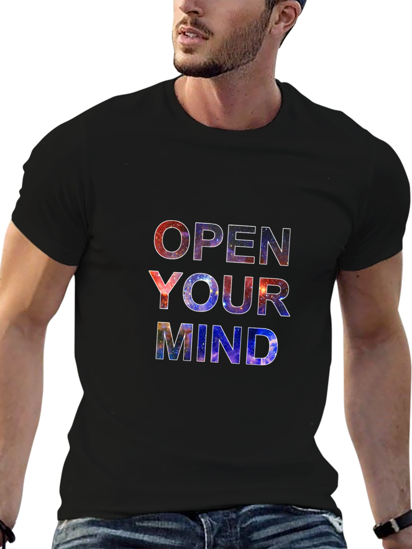 Open Your Mind Galaxy Print Black T-Shirt