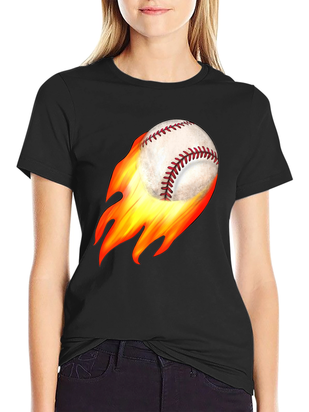 Flaming Baseball Graphic Tee - Black Cotton T-Shirt