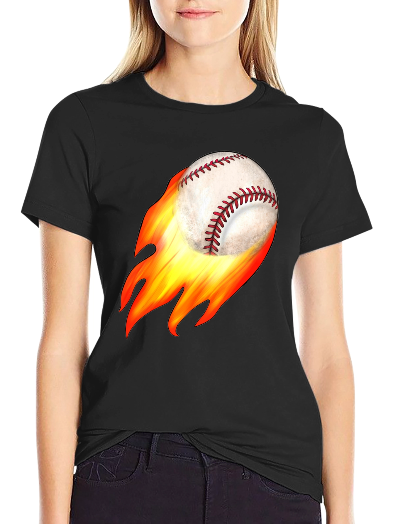 Flaming Baseball Graphic Tee - Black Cotton T-Shirt