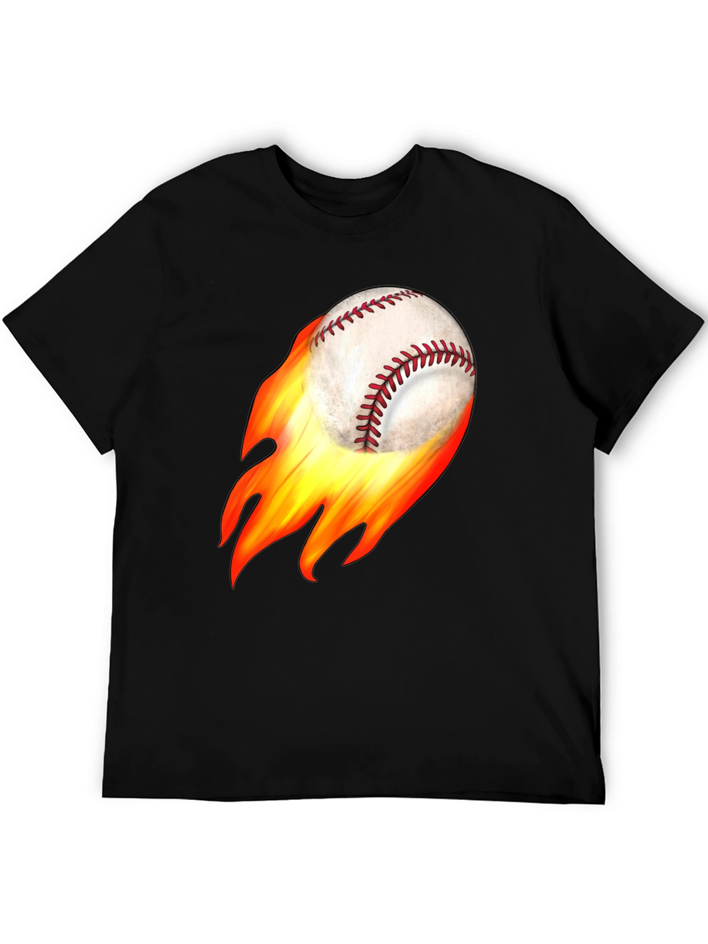 Flaming Baseball Graphic Tee - Black Cotton T-Shirt