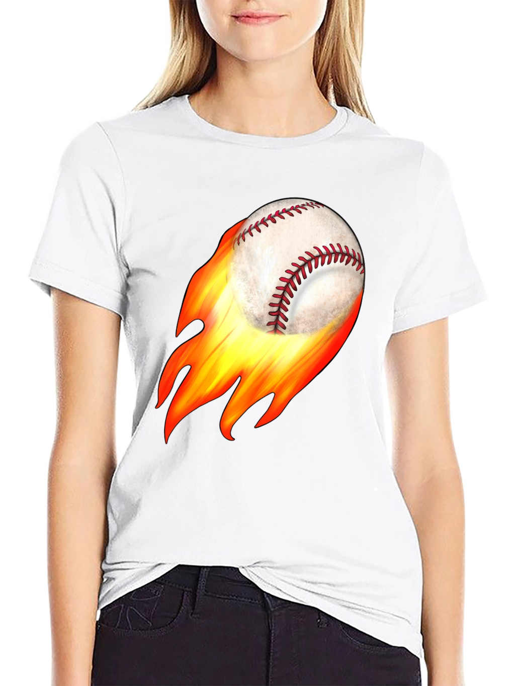 Flaming Baseball Graphic Tee - Black Cotton T-Shirt