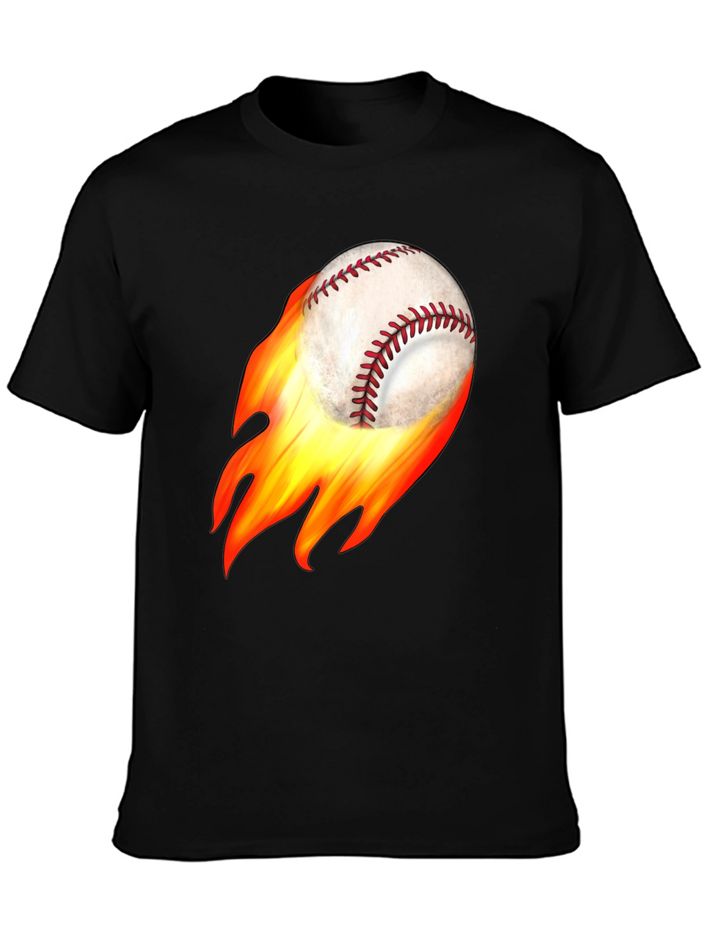 Flaming Baseball Graphic Tee - Black Cotton T-Shirt