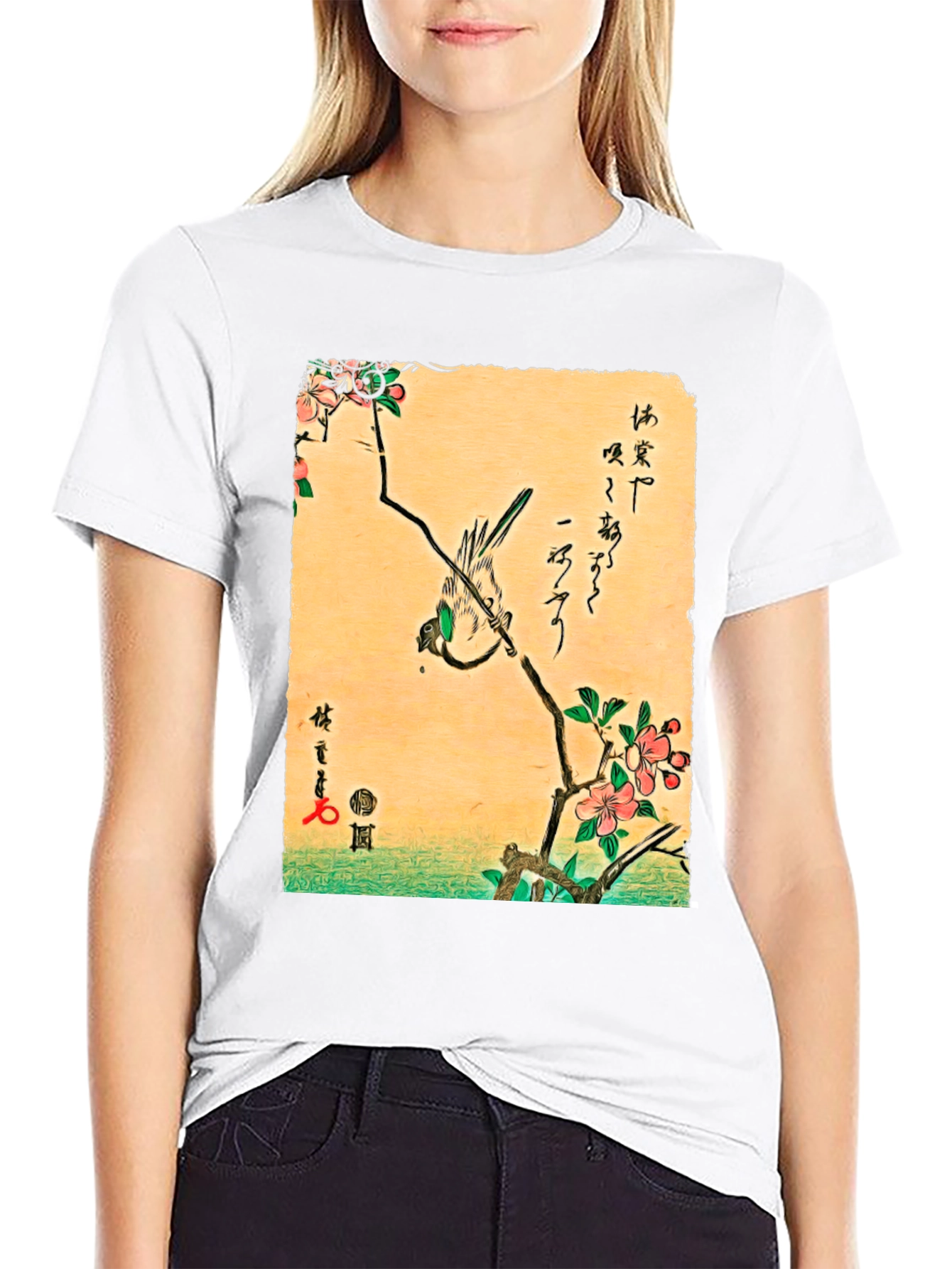 Japanese Art T-Shirt: Bird on Cherry Blossom Branch