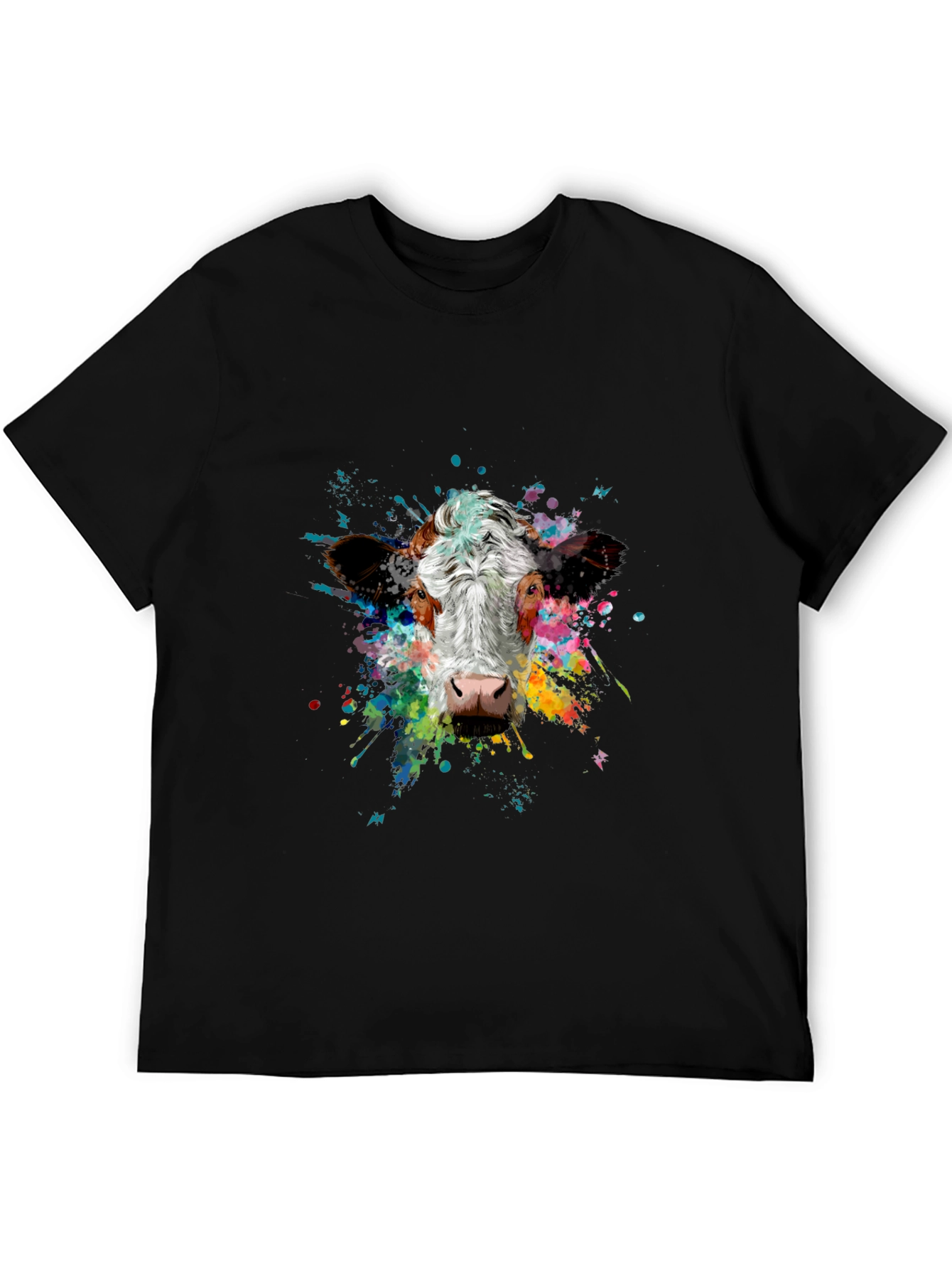 Vibrant Cow Splash Art Black T-Shirt