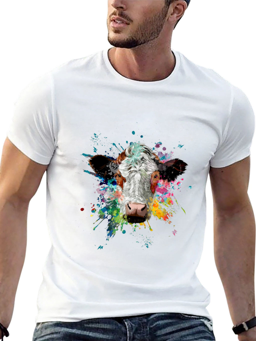 Vibrant Cow Splash Art Black T-Shirt