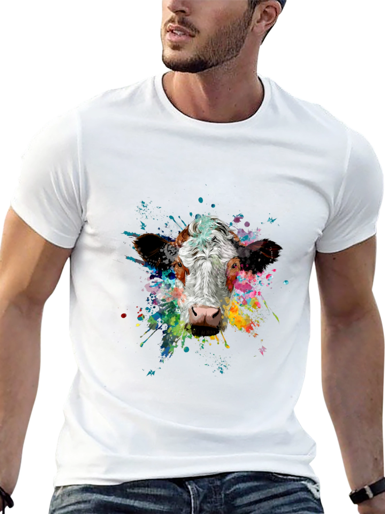 Vibrant Cow Splash Art Black T-Shirt