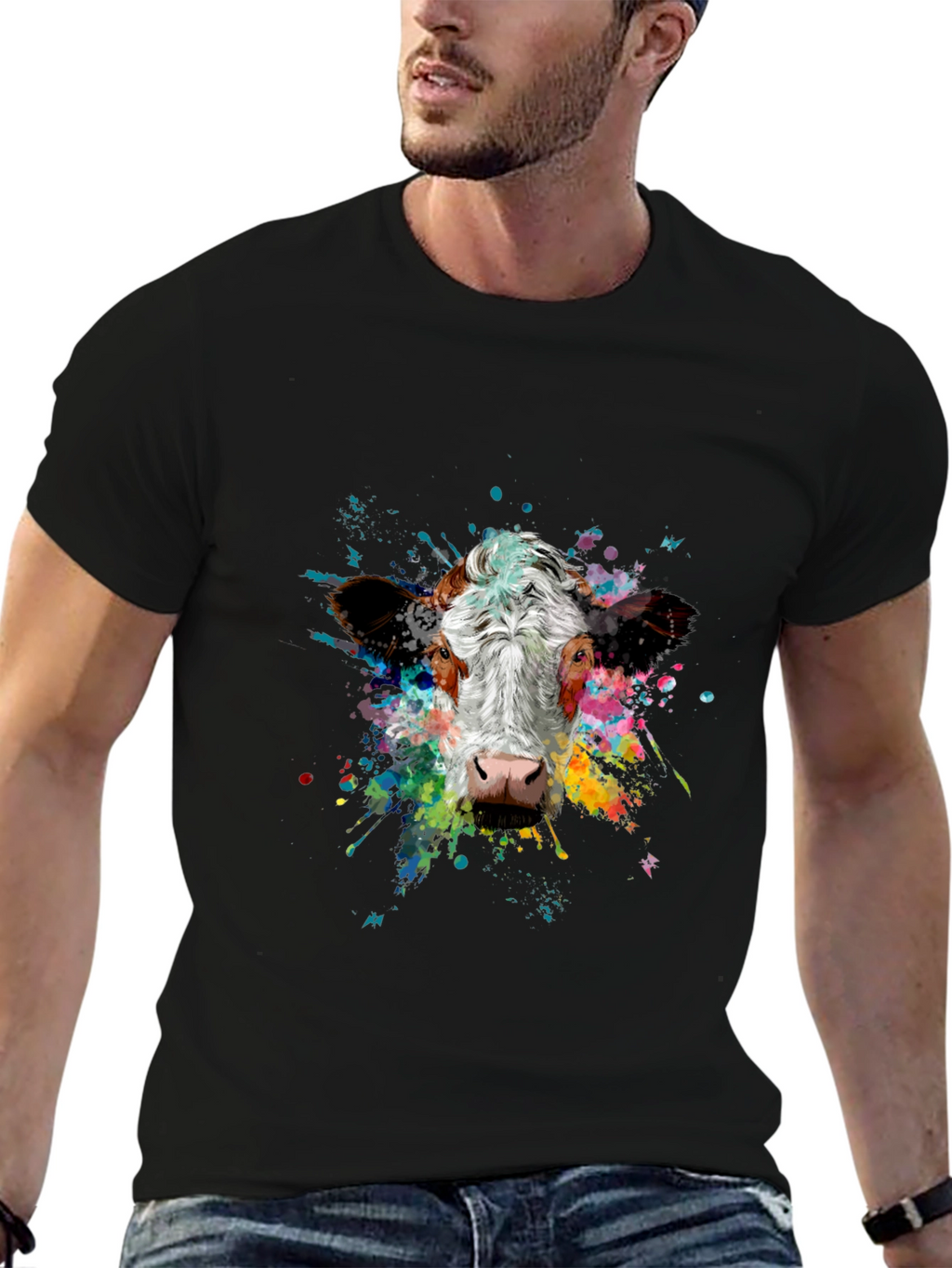 Vibrant Cow Splash Art Black T-Shirt