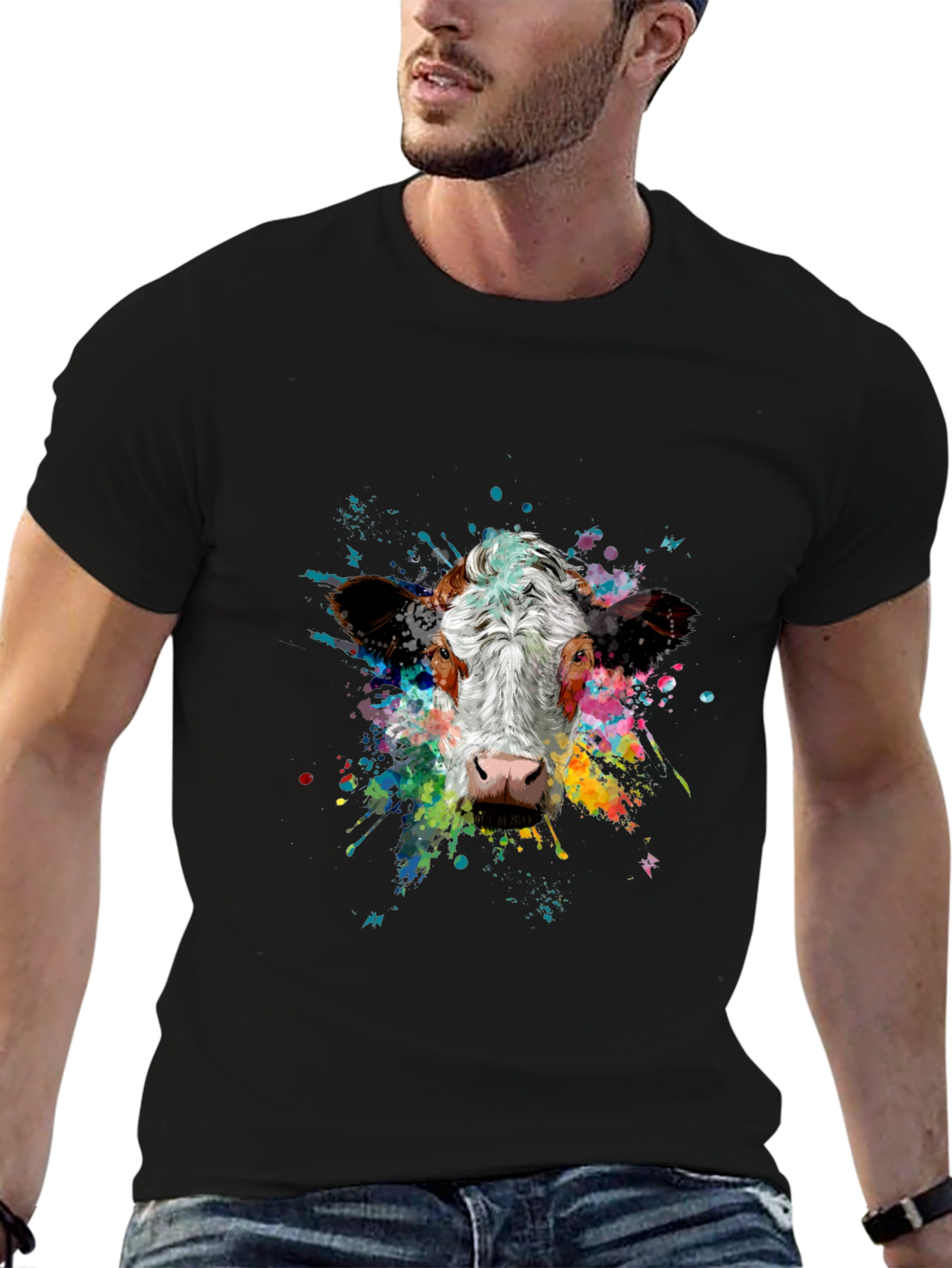 Vibrant Cow Splash Art Black T-Shirt