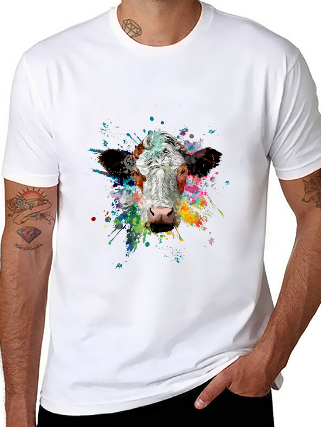 Vibrant Cow Splash Art Black T-Shirt