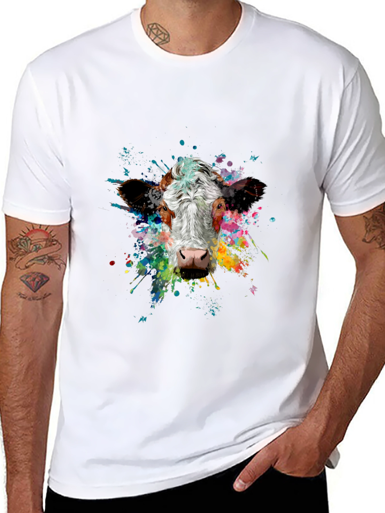 Vibrant Cow Splash Art Black T-Shirt