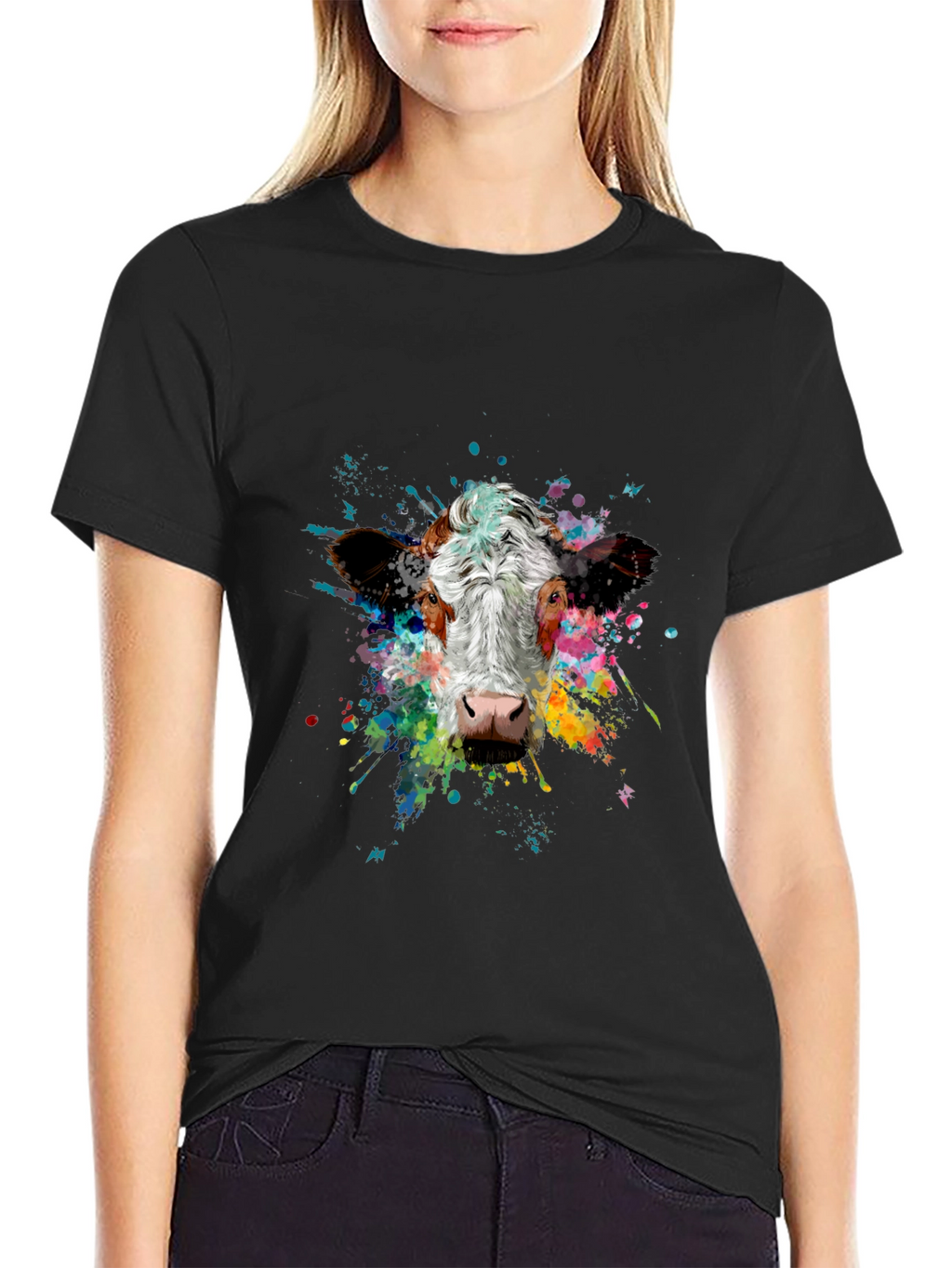 Vibrant Cow Splash Art Black T-Shirt