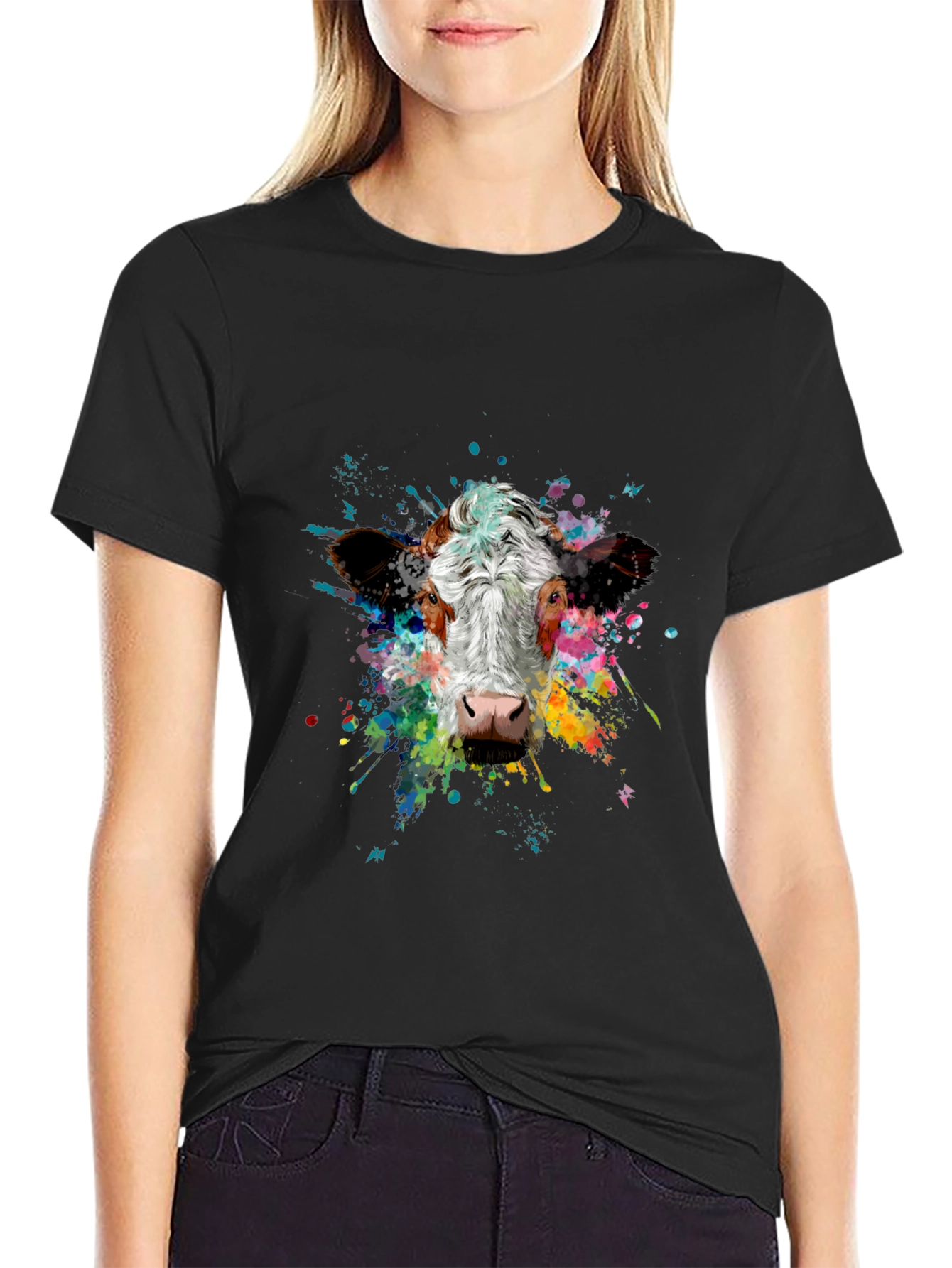 Vibrant Cow Splash Art Black T-Shirt