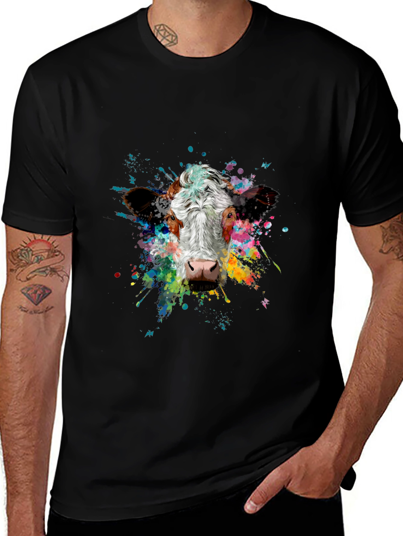 Vibrant Cow Splash Art Black T-Shirt