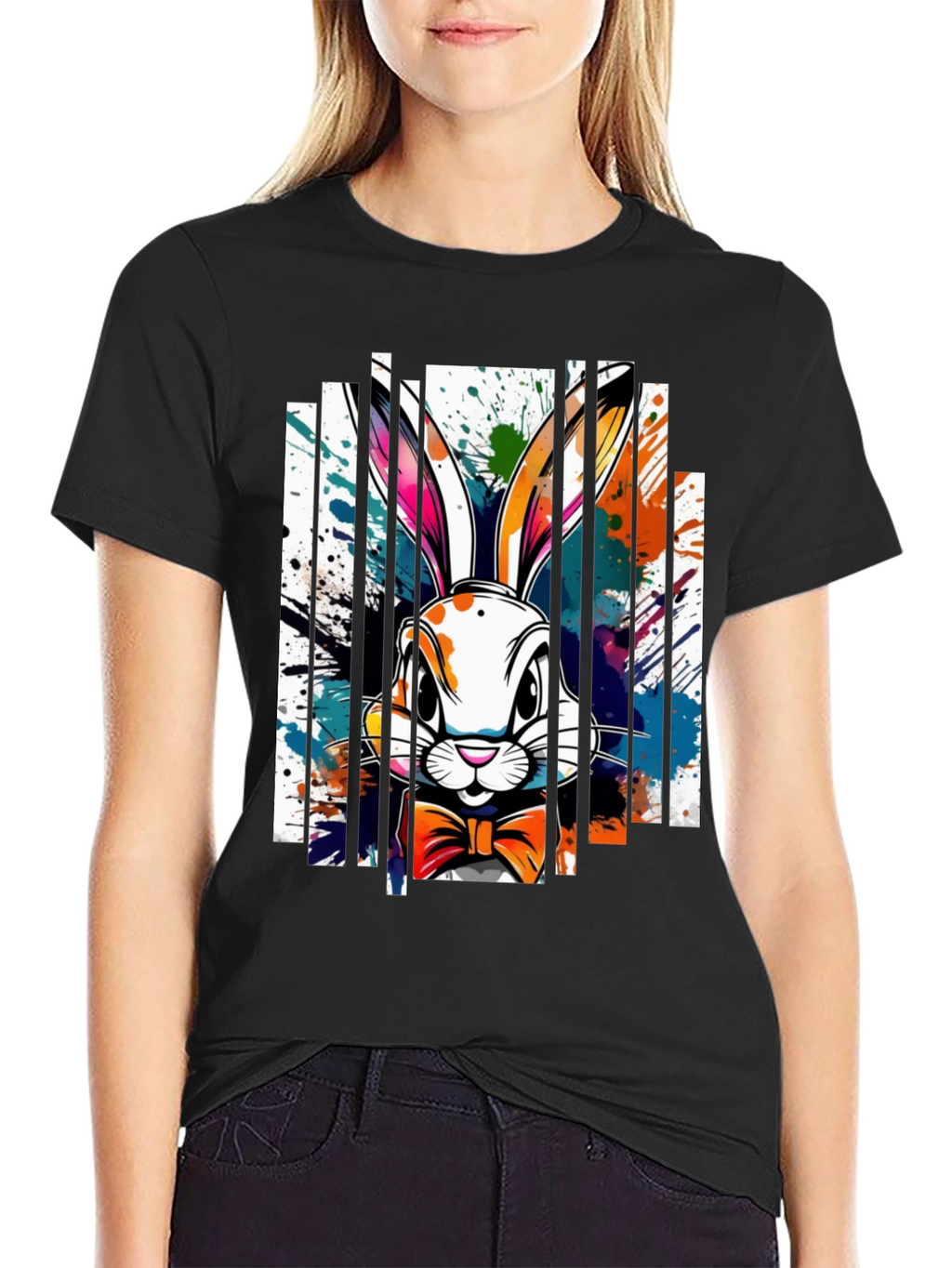 Easter Bunny Splatter Print Black T-Shirt