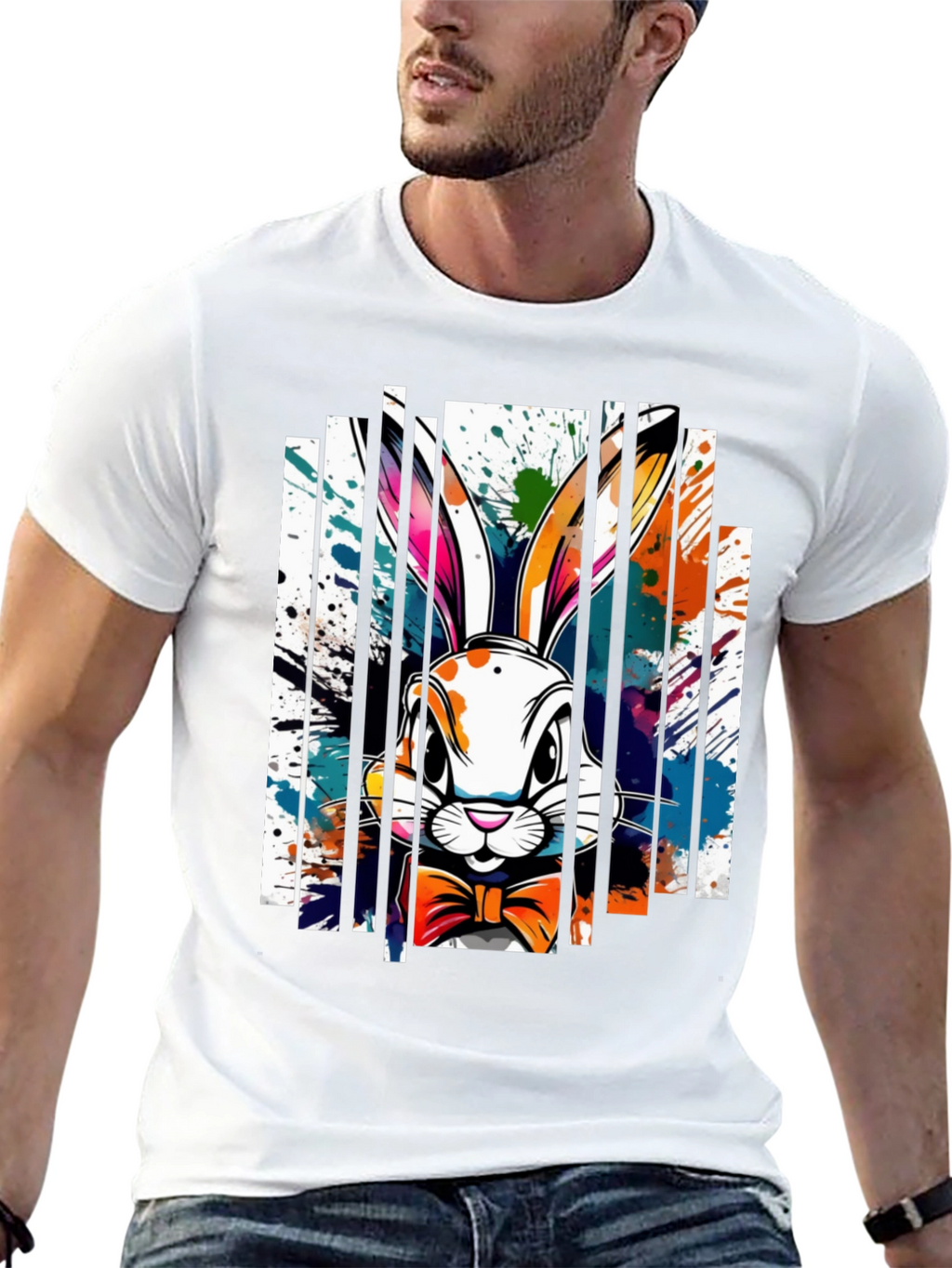Easter Bunny Splatter Print Black T-Shirt