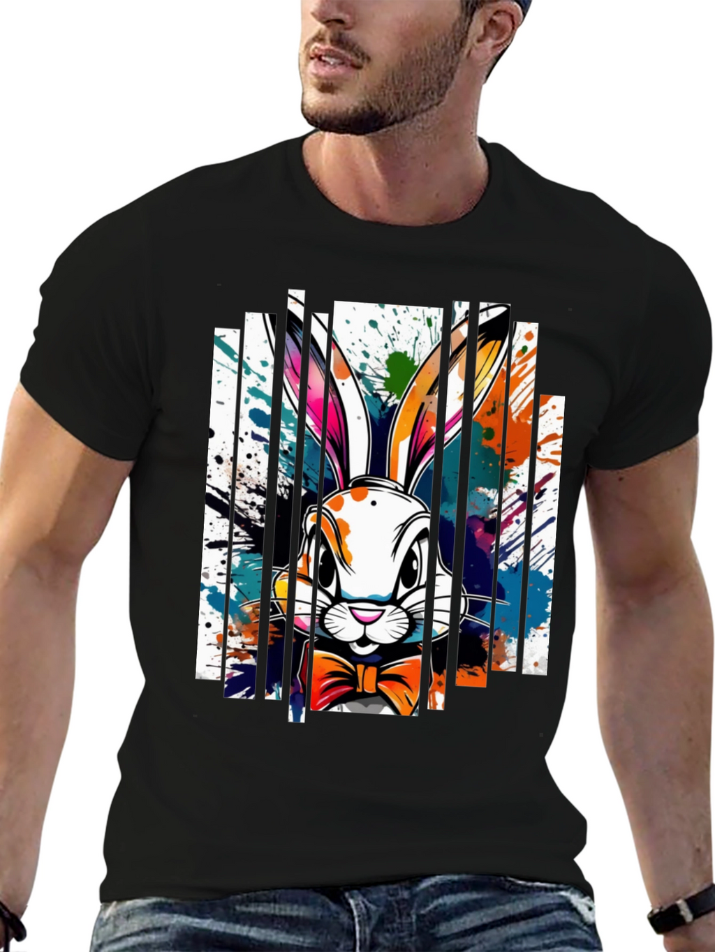 Easter Bunny Splatter Print Black T-Shirt