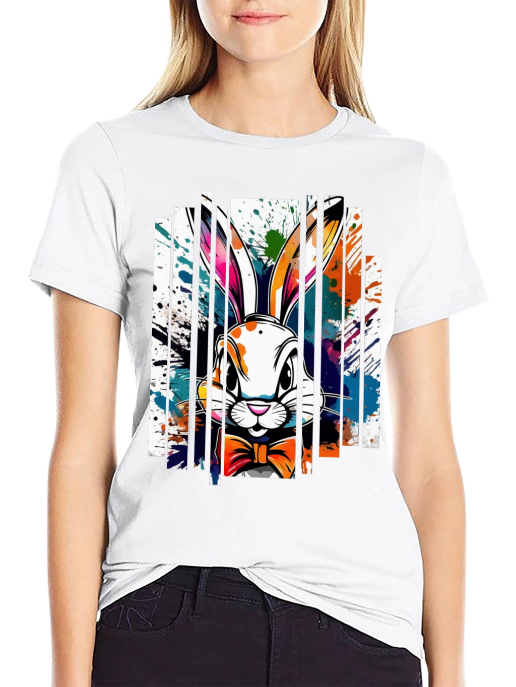 Easter Bunny Splatter Print Black T-Shirt