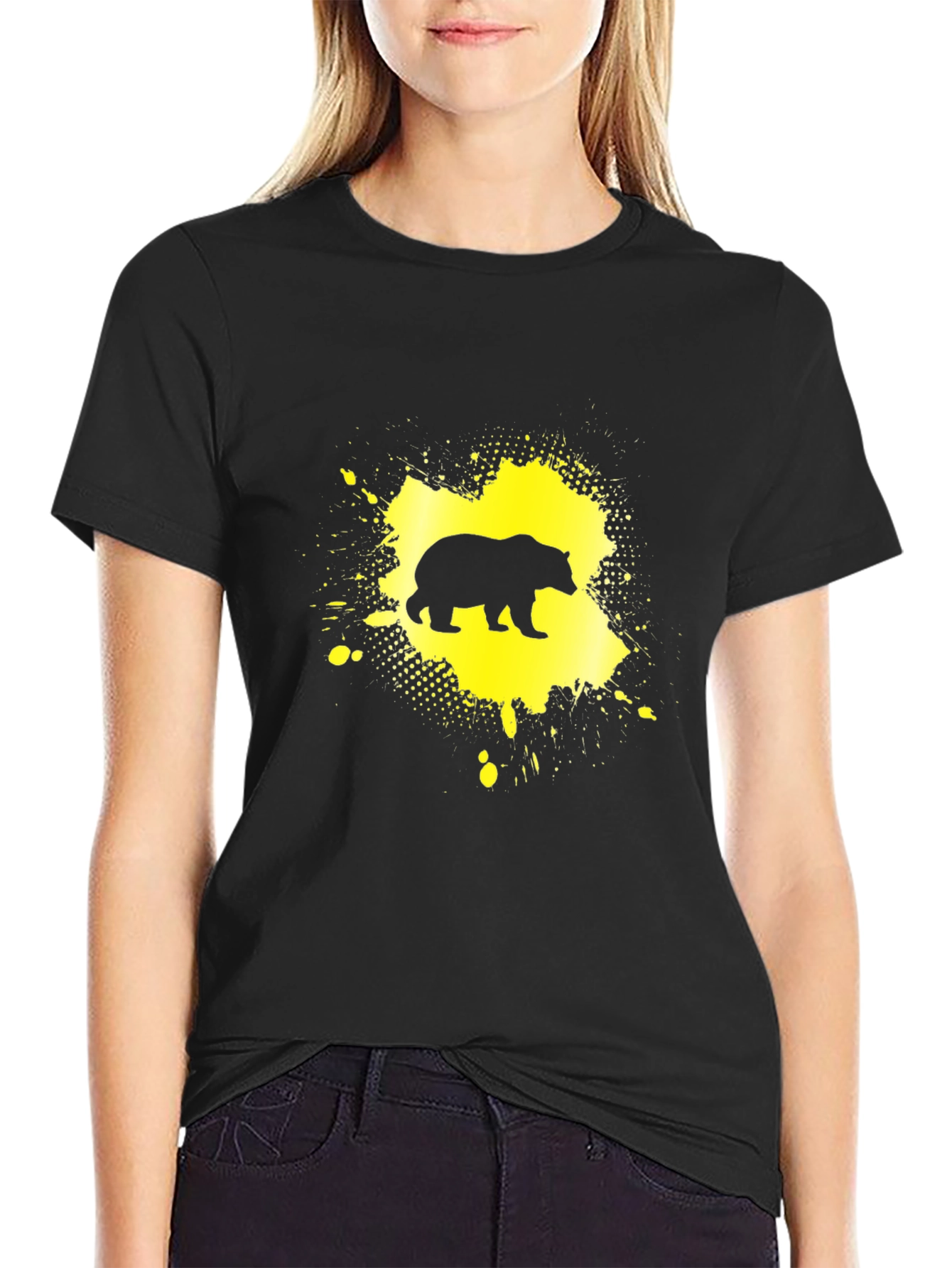 Bear Silhouette Graphic Tee - Black Cotton Blend Shirt