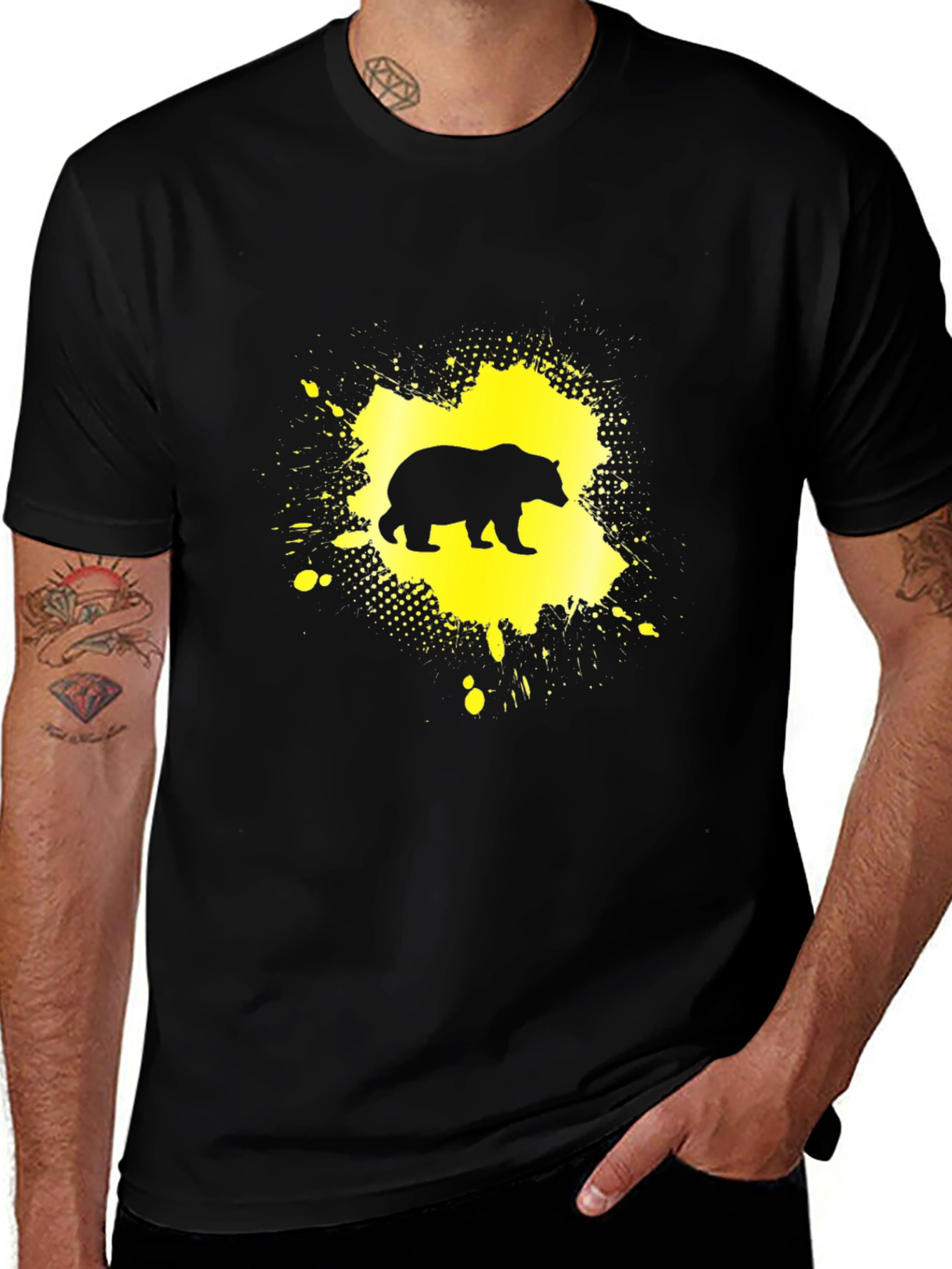 Bear Silhouette Graphic Tee - Black Cotton Blend Shirt