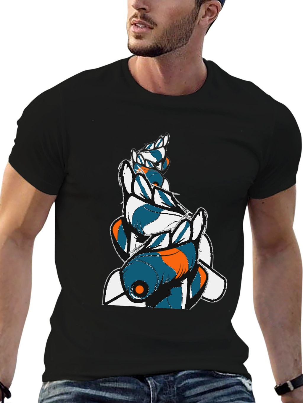Abstract Fish Graphic Mens Black Tee