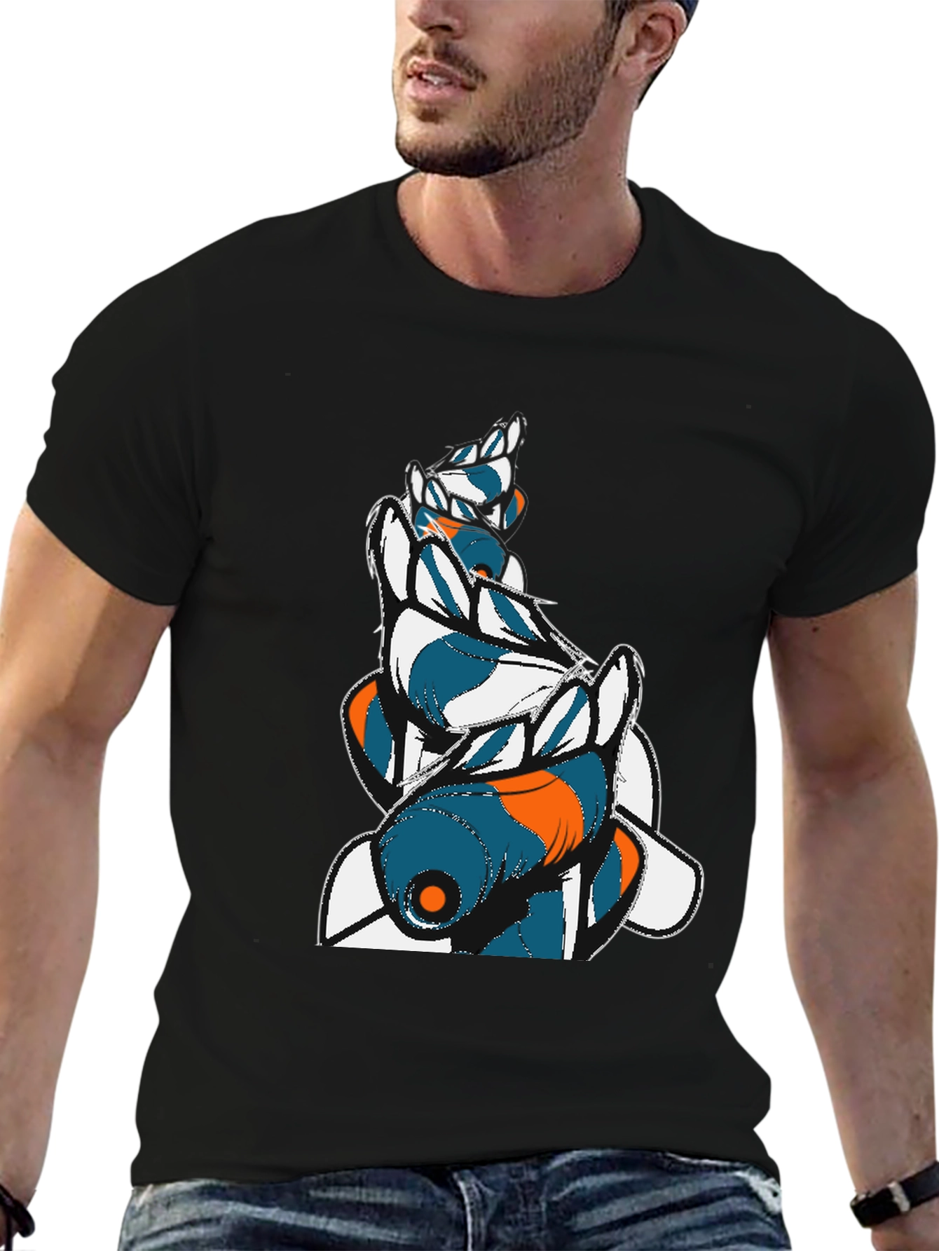 Abstract Fish Graphic Mens Black Tee