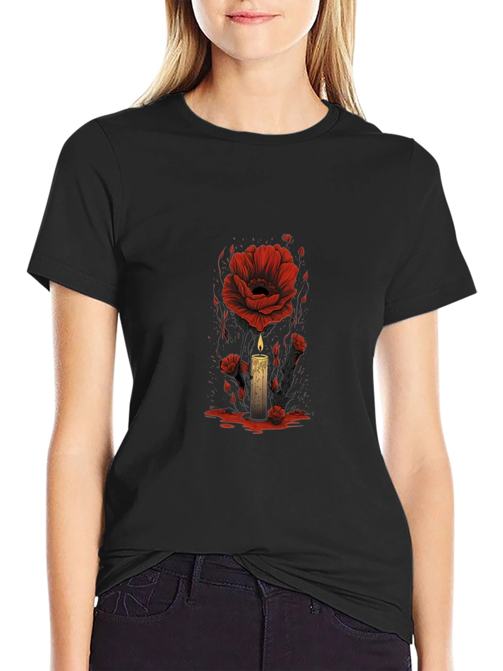 Floral Candle Graphic Tee - Dark Aesthetic T-Shirt