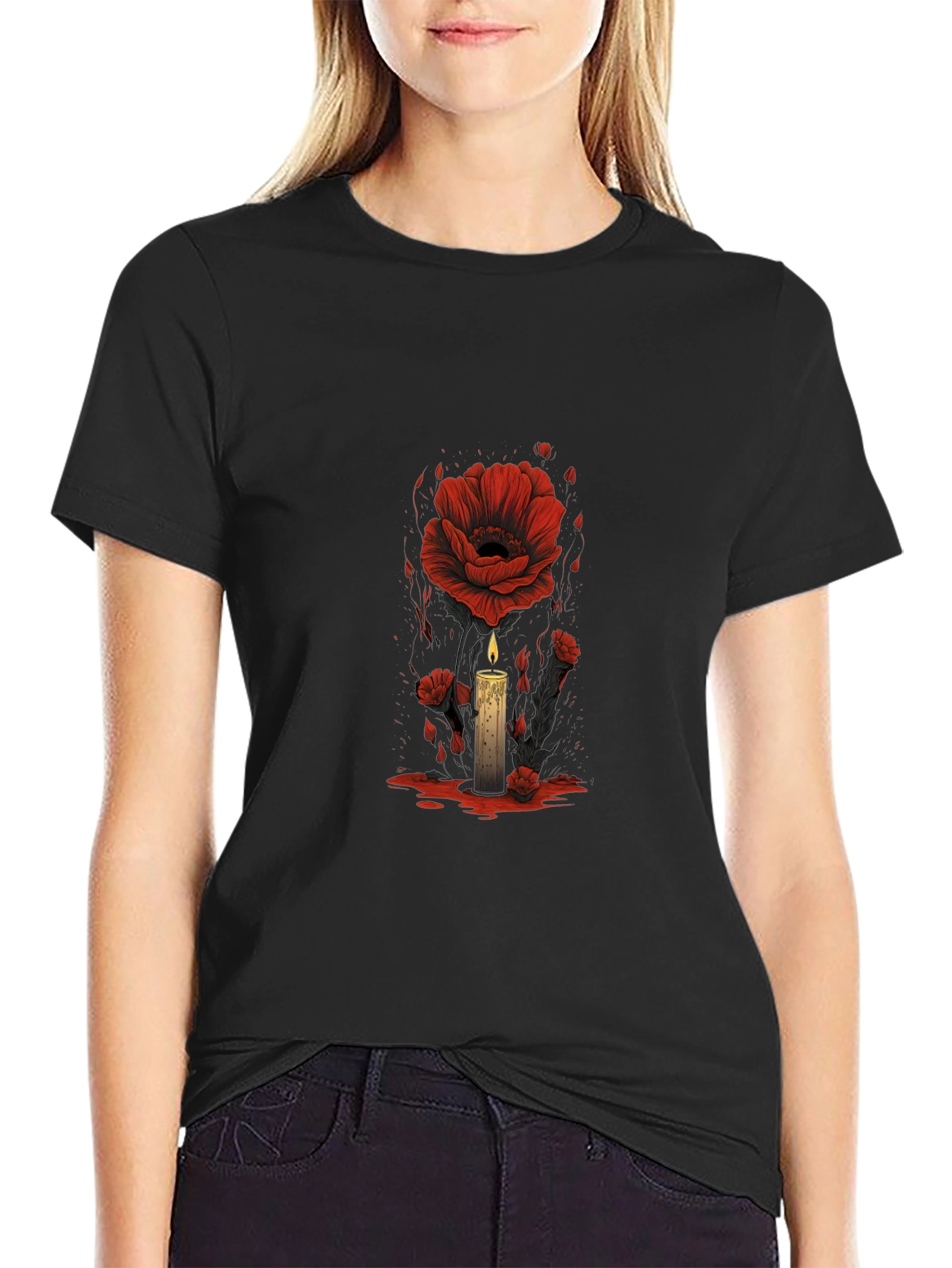 Floral Candle Graphic Tee - Dark Aesthetic T-Shirt