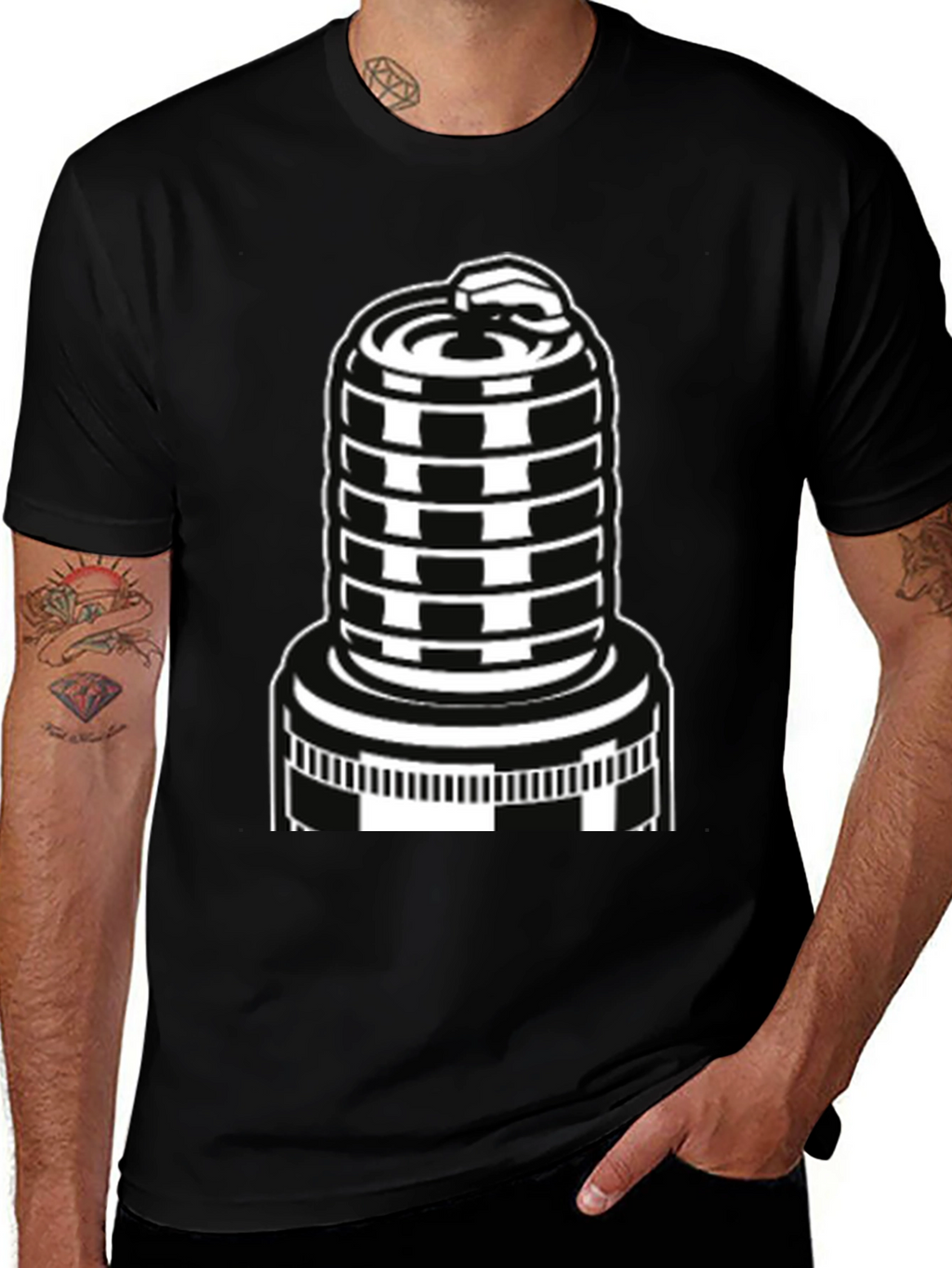 Black T-Shirt with Spark Plug Graphic