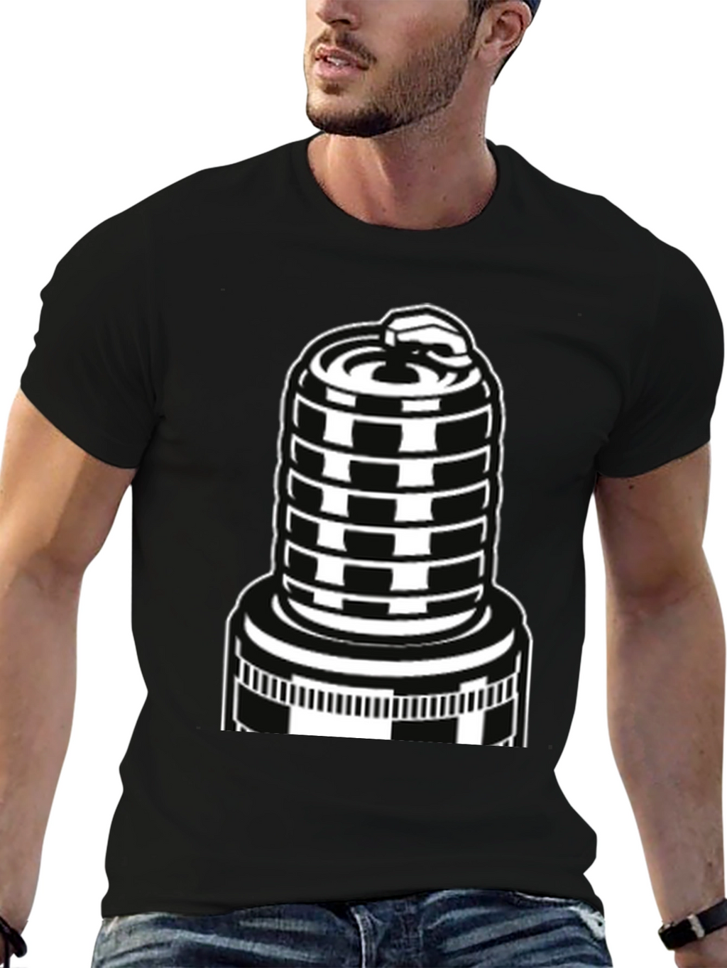 Black T-Shirt with Spark Plug Graphic