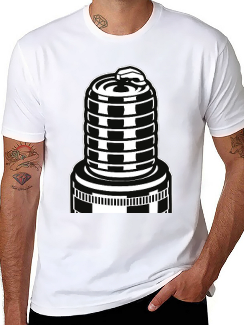 Black T-Shirt with Spark Plug Graphic