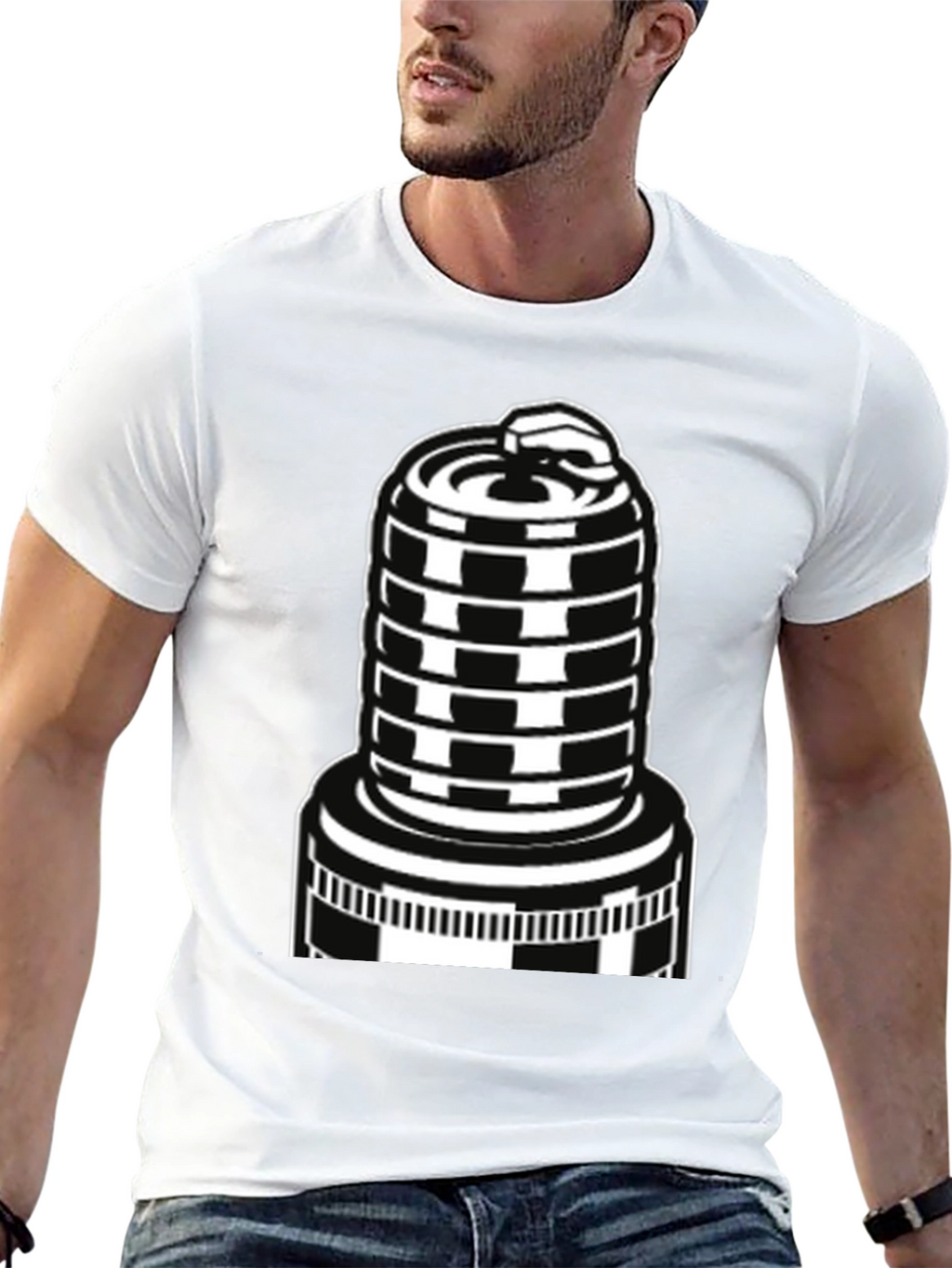 Black T-Shirt with Spark Plug Graphic
