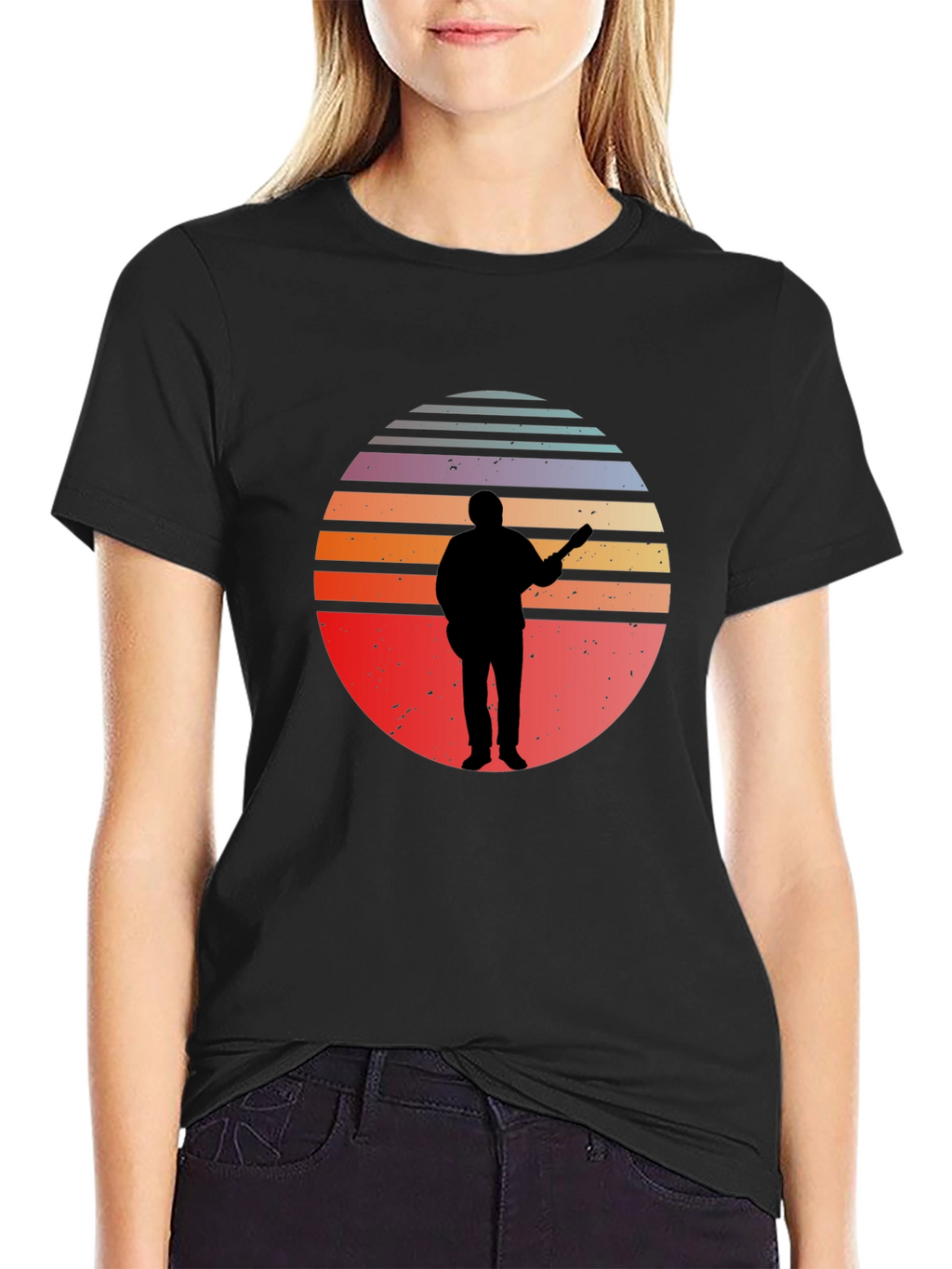 Retro Sunset Guitarist Black T-Shirt