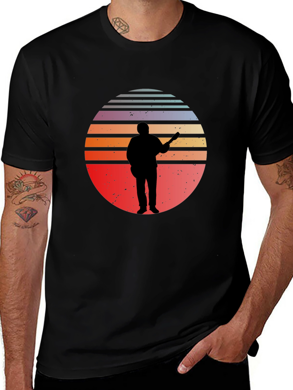 Retro Sunset Guitarist Black T-Shirt