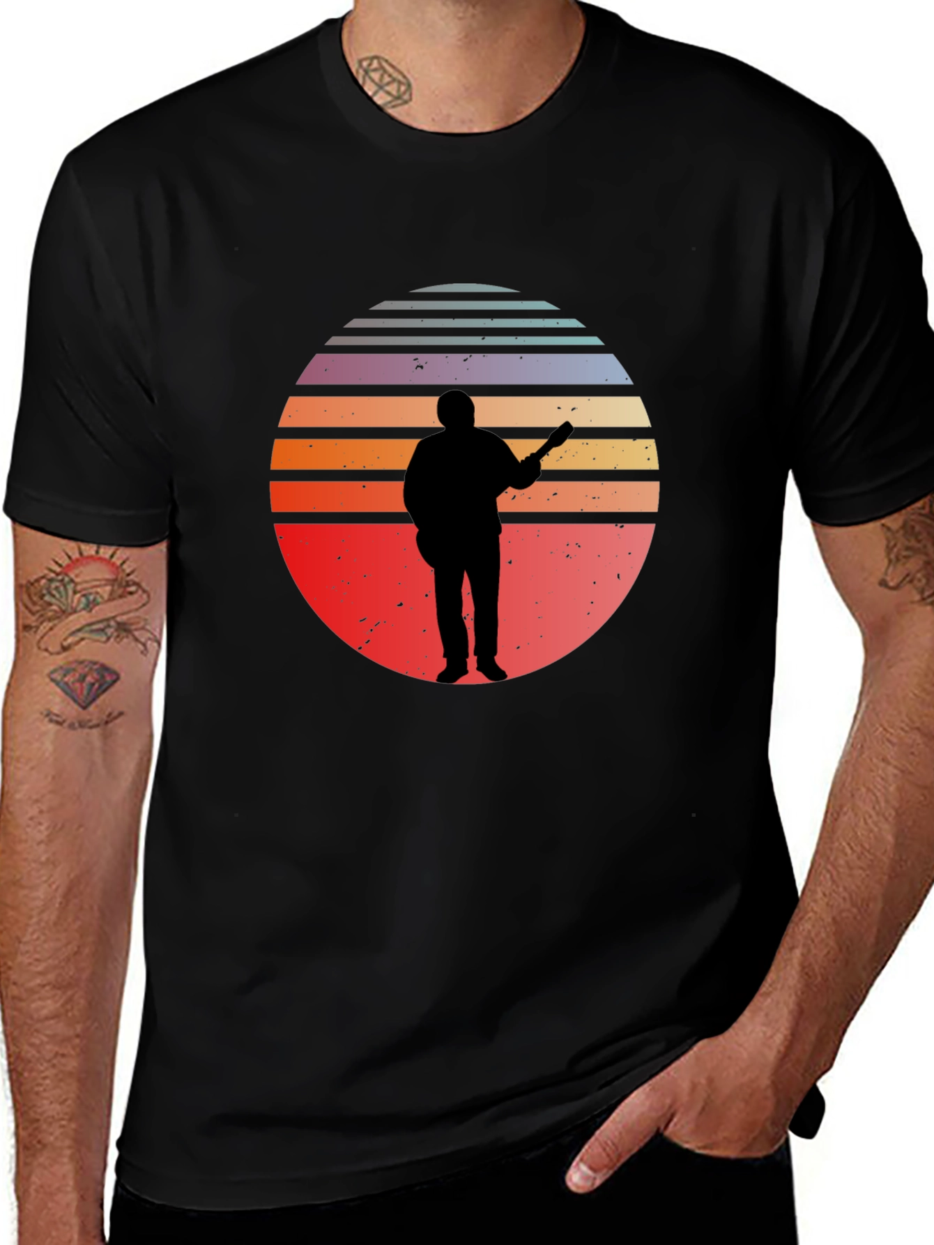 Retro Sunset Guitarist Black T-Shirt