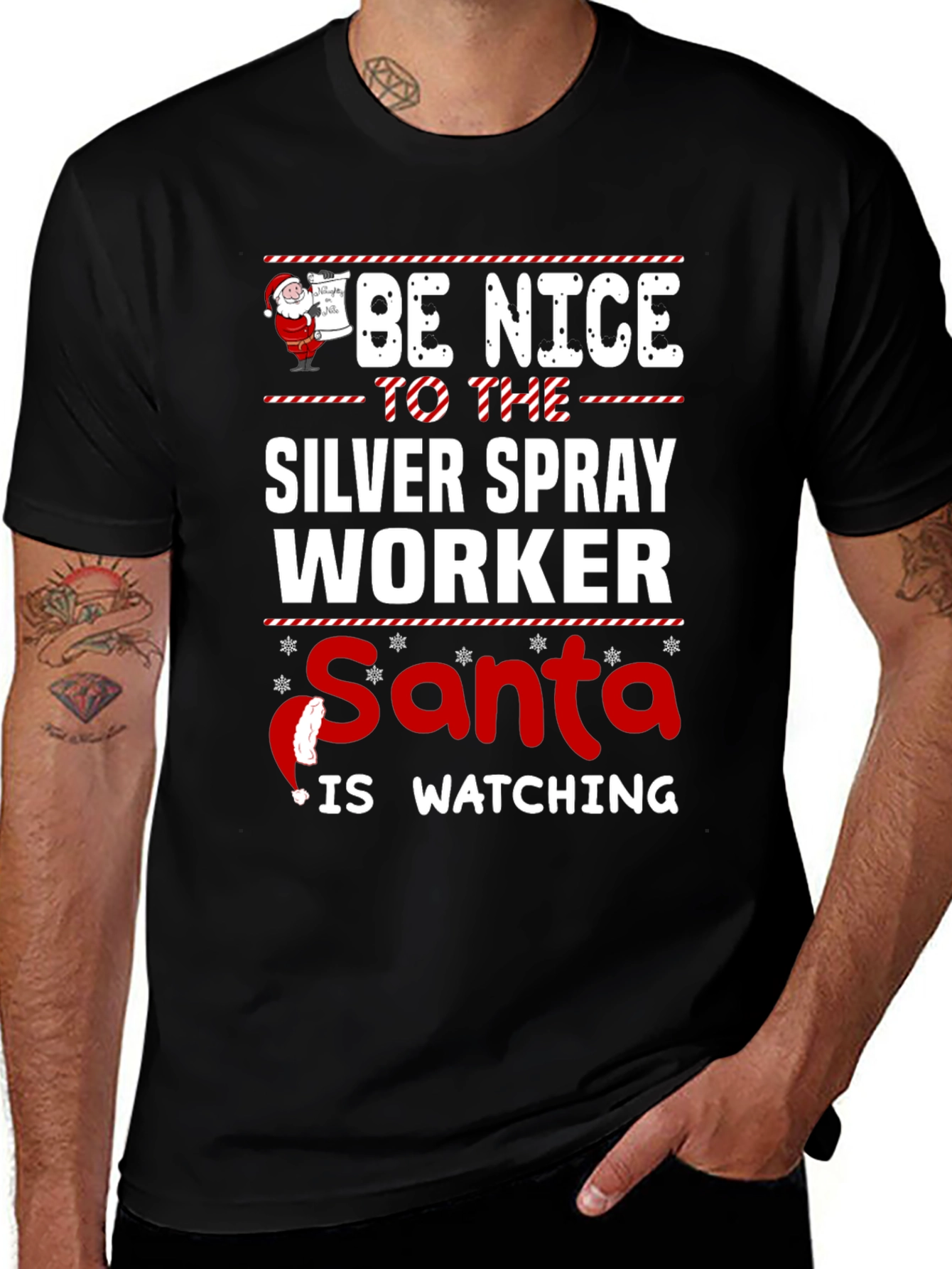 Be Nice to The Silver Spray Worker Santa Watching T-Shirt