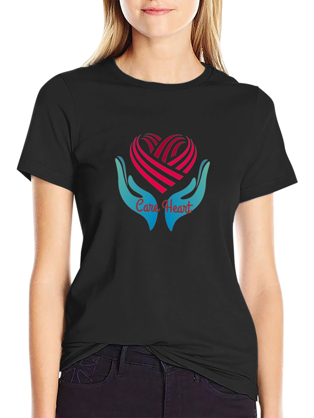 Care Heart Graphic Tee - Soft Black Cotton Shirt