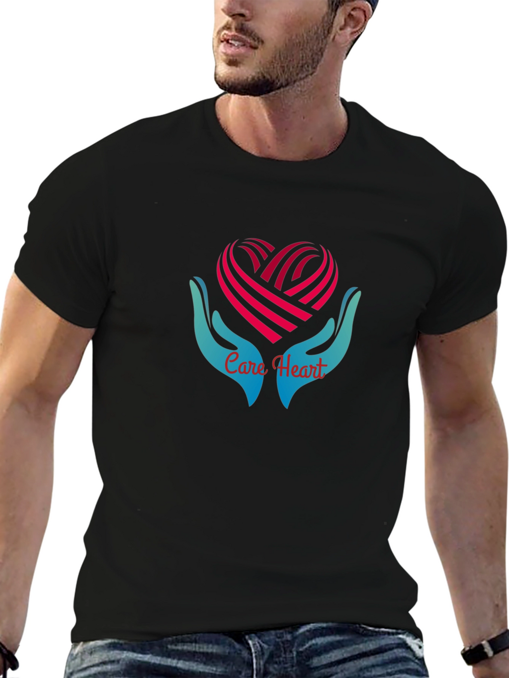 Care Heart Graphic Tee - Soft Black Cotton Shirt