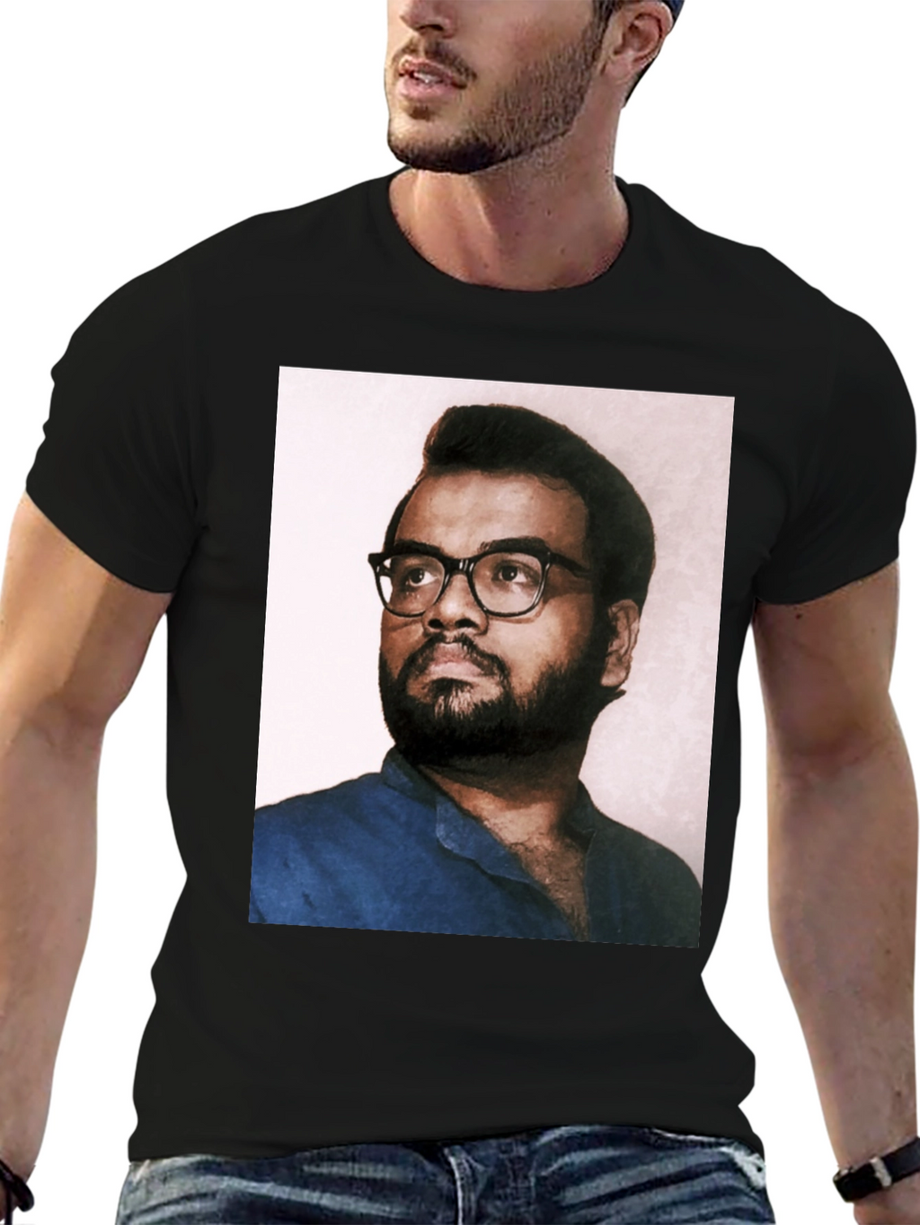 Black T-Shirt with Portrait Print