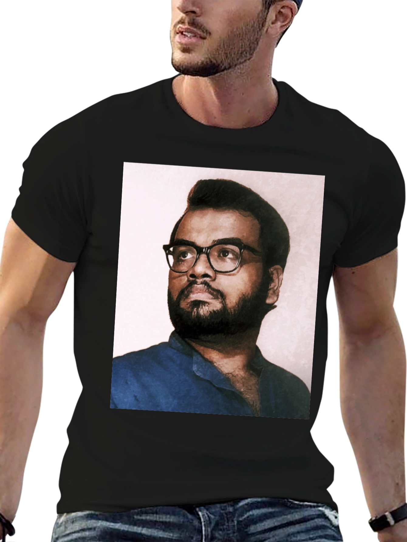 Black T-Shirt with Portrait Print