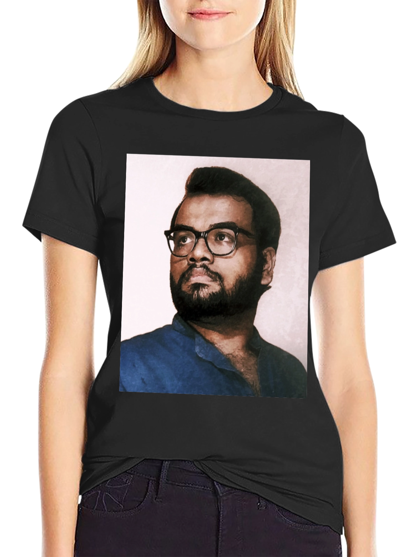 Black T-Shirt with Portrait Print