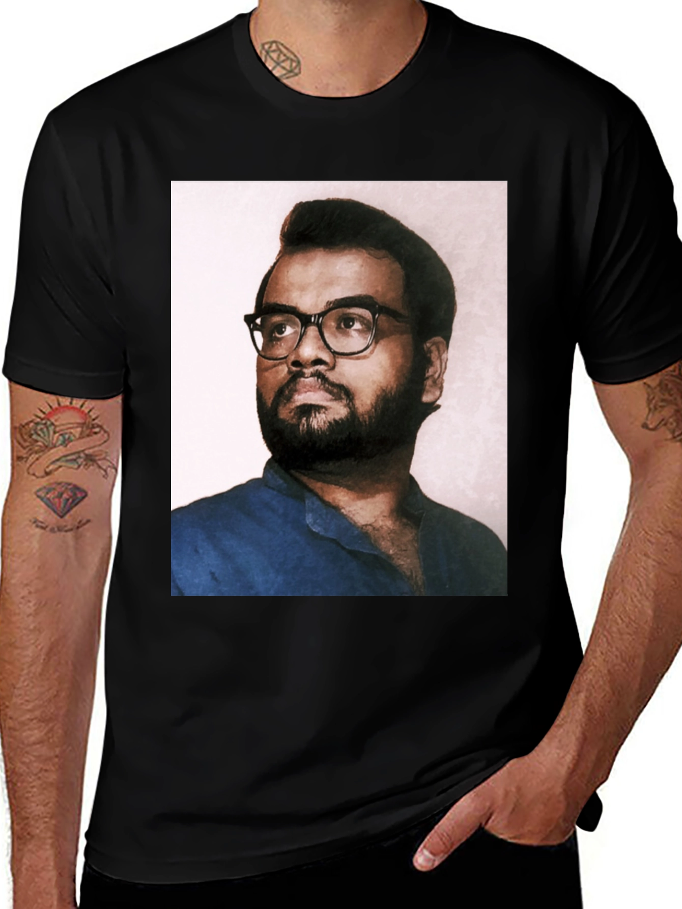 Black T-Shirt with Portrait Print