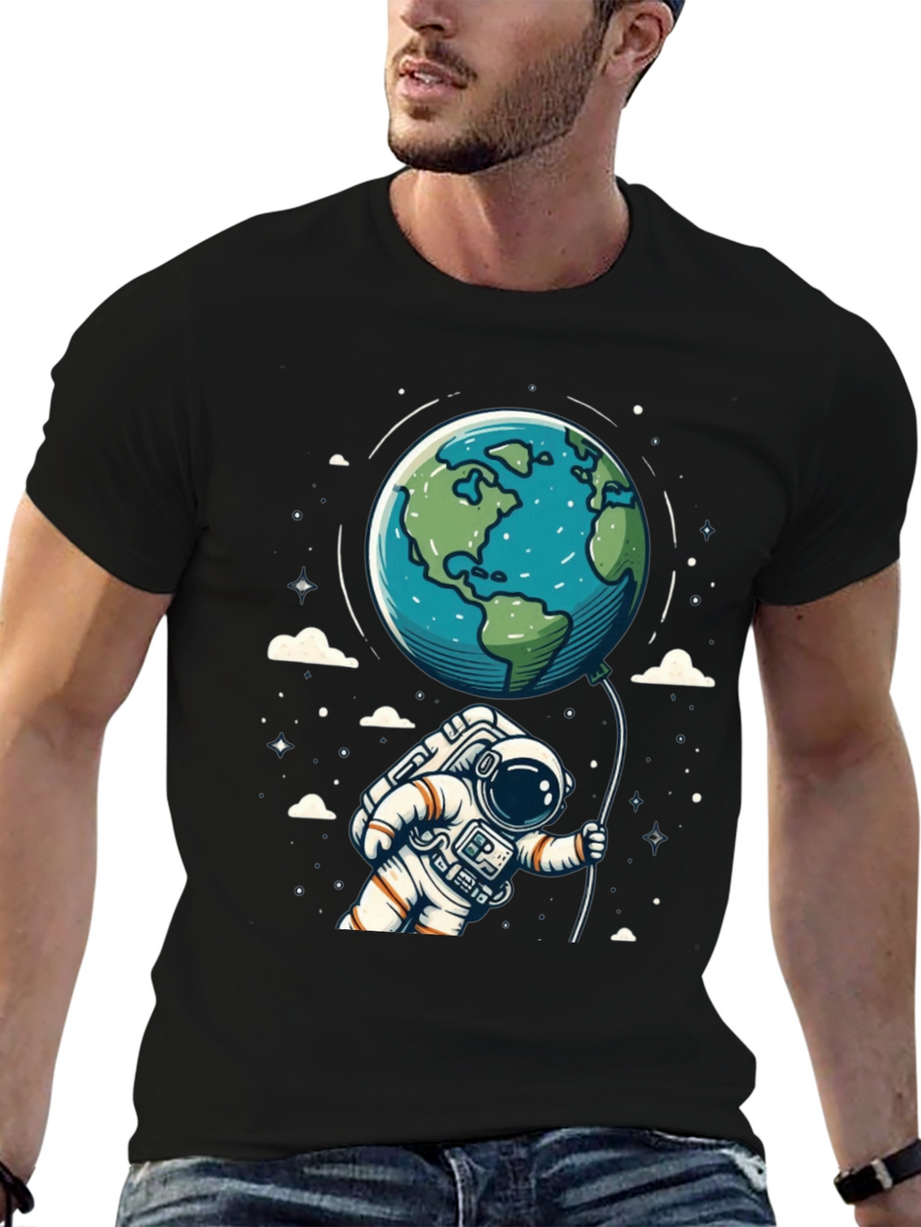 Astronaut Earth Balloon Black T-Shirt
