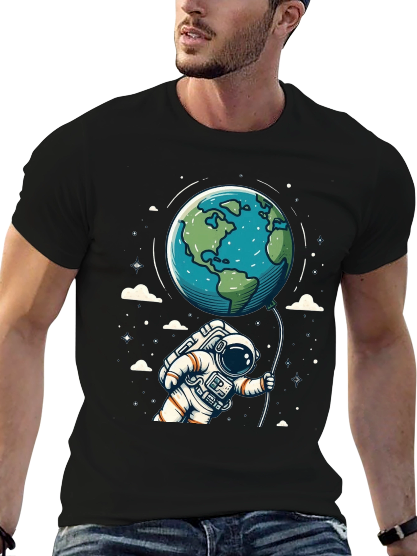 Astronaut Earth Balloon Black T-Shirt