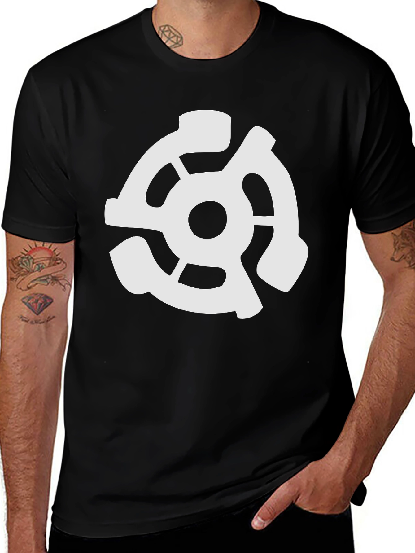 Black T-Shirt with White 45 RPM Adapter Graphic