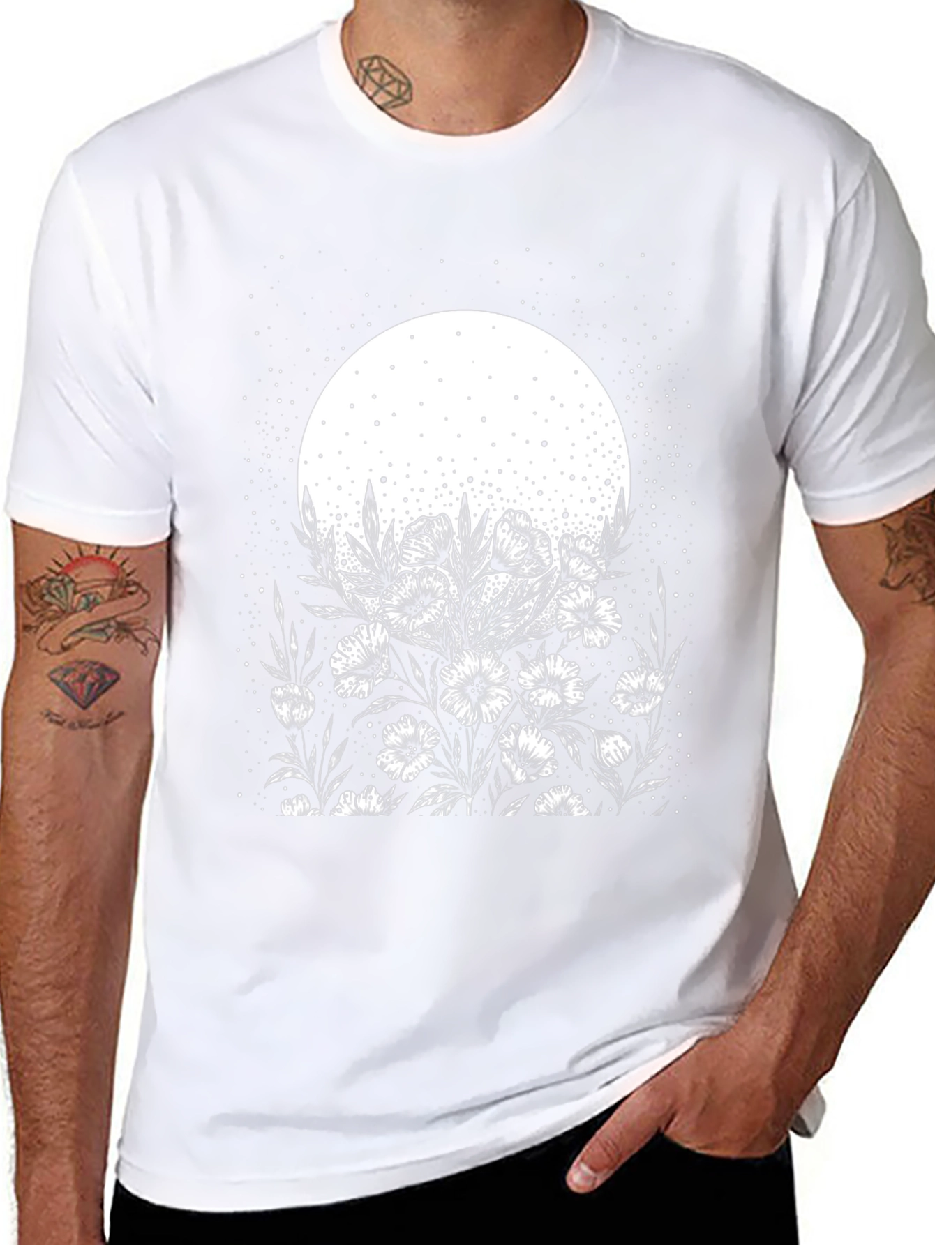 Moonlit Blooms Graphic Tee - Stylish Black Cotton T-Shirt