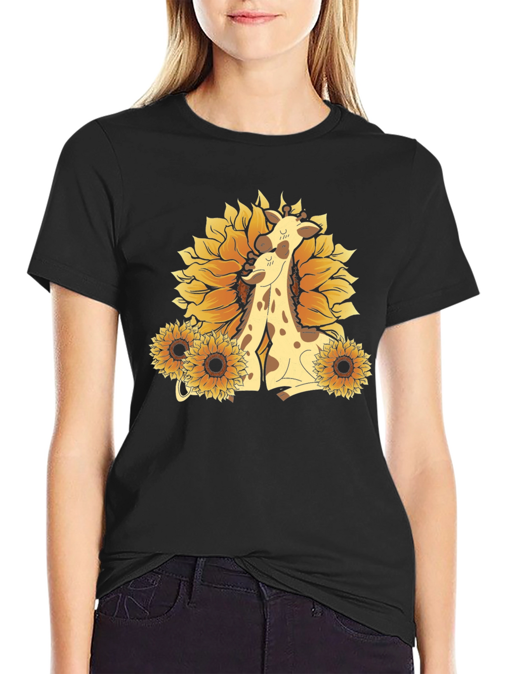 Giraffe & Sunflower Graphic Tee - Black