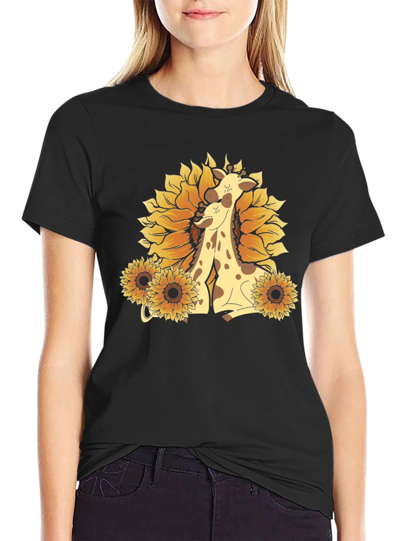 Giraffe & Sunflower Graphic Tee - Black