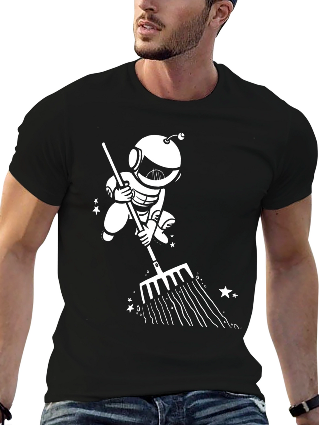 Astronaut Raking Stars T-Shirt - Black
