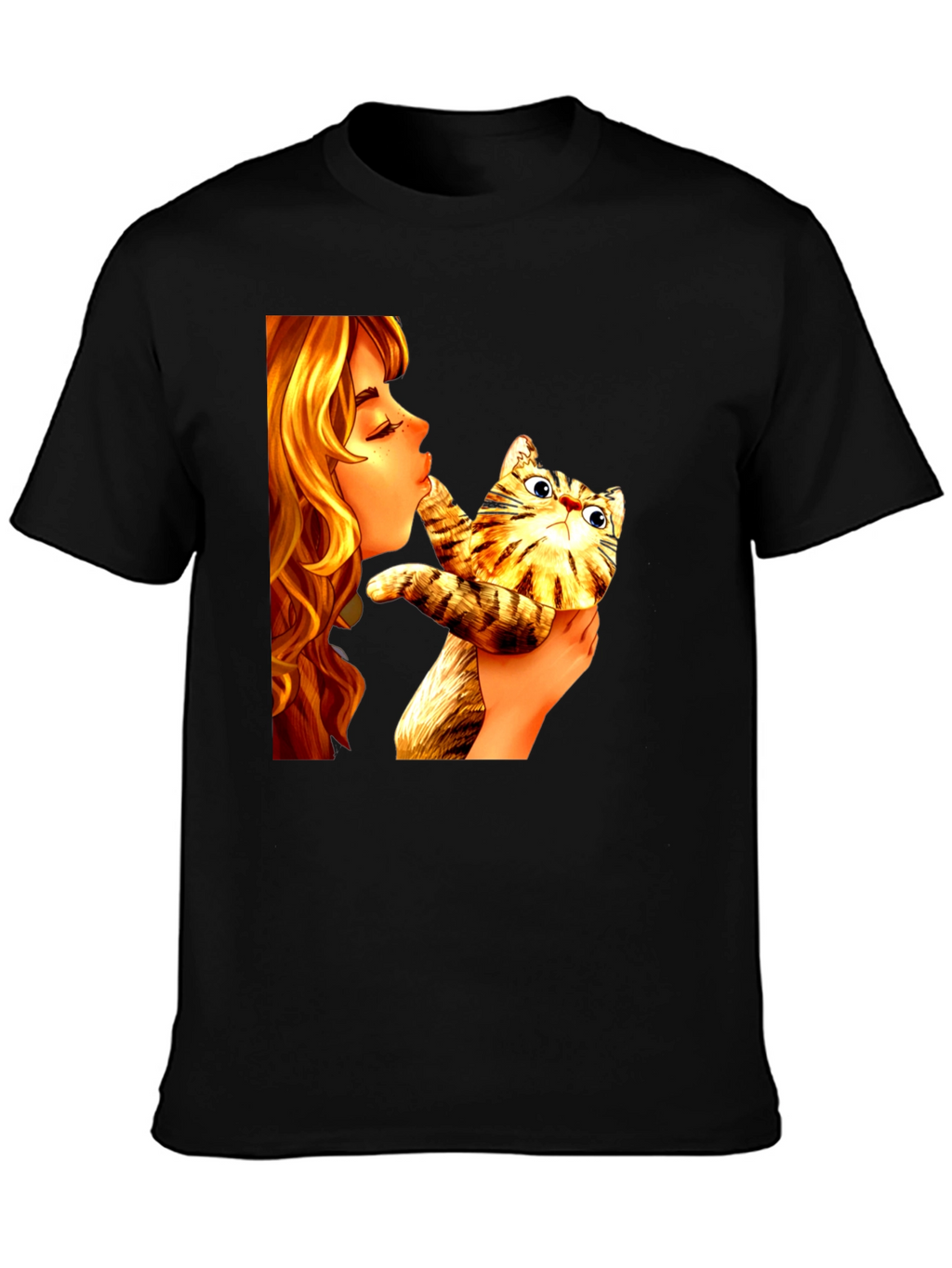 Girl Kissing Cat Graphic Tee - Novelty Unisex T-Shirt