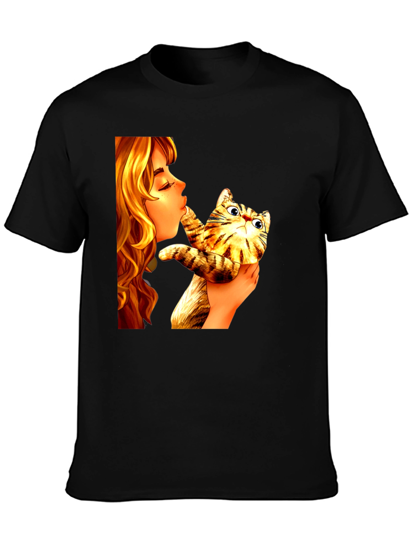 Girl Kissing Cat Graphic Tee - Novelty Unisex T-Shirt